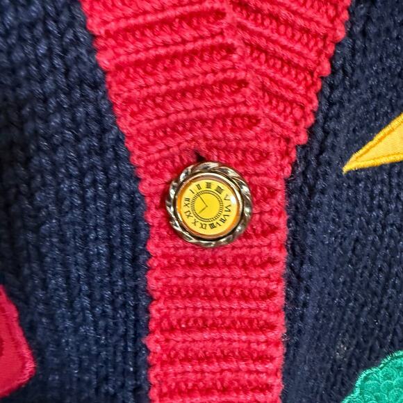 Sharon Young Vintage Holiday Cardigan Sweater Swan Poinsettia Ornament Black Red - Picture 5 of 10